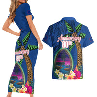Guam Liberation Day 80th Anniversary Couples Matching Short Sleeve Bodycon Dress and Hawaiian Shirt Palm Tree and Seal Artwork Hibiscus Polynesian Pattern
