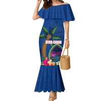 Guam Liberation Day 80th Anniversary Mermaid Dress Palm Tree and Seal Artwork Hibiscus Polynesian Pattern LT03 Women Blue - Polynesian Pride