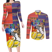 Philippines Kadayawan Couples Matching Long Sleeve Bodycon Dress and Long Sleeve Button Shirt Filipino Eagle Durian with Polynesian and Igorots Pattern