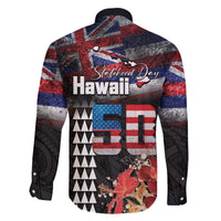 Hawaii Statehood Day Family Matching Off The Shoulder Long Sleeve Dress and Hawaiian Shirt 50th state of the United States Kakau Tattoos and Hibiscus Grunge - Polynesian Pride