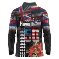 Hawaii Statehood Day Long Sleeve Polo Shirt 50th state of the United States Kakau Tattoos and Hibiscus Grunge - Polynesian Pride