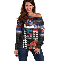 Hawaii Statehood Day Off Shoulder Sweater 50th state of the United States Kakau Tattoos and Hibiscus Grunge - Polynesian Pride