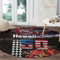 Hawaii Statehood Day Round Carpet 50th state of the United States Kakau Tattoos and Hibiscus Grunge - Polynesian Pride