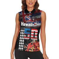 Hawaii Statehood Day Women Sleeveless Polo Shirt 50th state of the United States Kakau Tattoos and Hibiscus Grunge - Polynesian Pride
