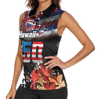 Hawaii Statehood Day Women Sleeveless Polo Shirt 50th state of the United States Kakau Tattoos and Hibiscus Grunge - Polynesian Pride