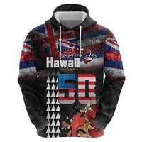 Hawaii Statehood Day Zip Hoodie 50th state of the United States Kakau Tattoos and Hibiscus Grunge - Polynesian Pride