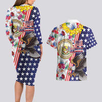 Hawaii and United States Together Couples Matching Long Sleeve Bodycon Dress and Hawaiian Shirt Seal of Hawaii and Bald Eagle - Polynesian Pride