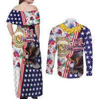 Hawaii and United States Together Couples Matching Off Shoulder Maxi Dress and Long Sleeve Button Shirt Seal of Hawaii and Bald Eagle - Polynesian Pride
