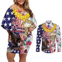 Hawaii and United States Together Couples Matching Off Shoulder Short Dress and Long Sleeve Button Shirt Seal of Hawaii and Bald Eagle - Polynesian Pride