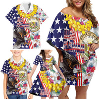 Hawaii and United States Together Family Matching Off Shoulder Short Dress and Hawaiian Shirt Seal of Hawaii and Bald Eagle - Polynesian Pride