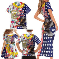 Hawaii and United States Together Family Matching Short Sleeve Bodycon Dress and Hawaiian Shirt Seal of Hawaii and Bald Eagle - Polynesian Pride