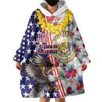 Hawaii and United States Together Wearable Blanket Hoodie Seal of Hawaii and Bald Eagle - Polynesian Pride