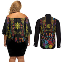 Philippines Kadayawan Festival Couples Matching Off Shoulder Short Dress and Long Sleeve Button Shirt Polynesian Tribal Art Barong Style