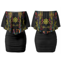 Philippines Kadayawan Festival Family Matching Off Shoulder Short Dress and Hawaiian Shirt Polynesian Tribal Art Barong Style LT03 Mom's Dress Black - Polynesian Pride