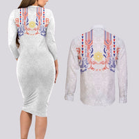 Philippines Barong Style Couples Matching Long Sleeve Bodycon Dress and Long Sleeve Button Shirt Polynesian Kakau Art Tattoos with Tribal Filipino Sun