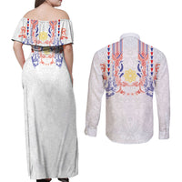 Philippines Barong Style Couples Matching Off Shoulder Maxi Dress and Long Sleeve Button Shirt Polynesian Kakau Art Tattoos with Tribal Filipino Sun