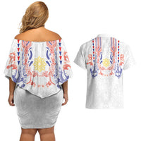Philippines Barong Style Couples Matching Off Shoulder Short Dress and Hawaiian Shirt Polynesian Kakau Art Tattoos with Tribal Filipino Sun