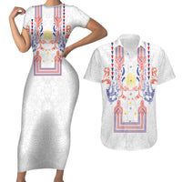 Philippines Barong Style Couples Matching Short Sleeve Bodycon Dress and Hawaiian Shirt Polynesian Kakau Art Tattoos with Tribal Filipino Sun LT03 White - Polynesian Pride