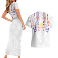 Philippines Barong Style Couples Matching Short Sleeve Bodycon Dress and Hawaiian Shirt Polynesian Kakau Art Tattoos with Tribal Filipino Sun LT03 - Polynesian Pride