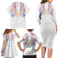 Philippines Barong Style Family Matching Long Sleeve Bodycon Dress and Hawaiian Shirt Polynesian Kakau Art Tattoos with Tribal Filipino Sun LT03 Mom's Dress White - Polynesian Pride