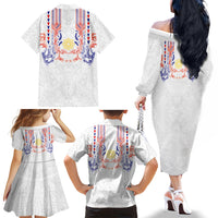 Philippines Barong Style Family Matching Off The Shoulder Long Sleeve Dress and Hawaiian Shirt Polynesian Kakau Art Tattoos with Tribal Filipino Sun LT03 Mom's Dress White - Polynesian Pride