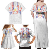 Philippines Barong Style Family Matching Off Shoulder Maxi Dress and Hawaiian Shirt Polynesian Kakau Art Tattoos with Tribal Filipino Sun LT03 Mom's Dress White - Polynesian Pride
