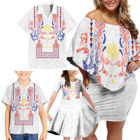 Philippines Barong Style Family Matching Off Shoulder Short Dress and Hawaiian Shirt Polynesian Kakau Art Tattoos with Tribal Filipino Sun