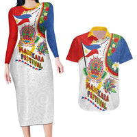 Philippines MassKara Festival Couples Matching Long Sleeve Bodycon Dress and Hawaiian Shirt Smile Masks with Hawaiian Art Pattern and Tropical Plants