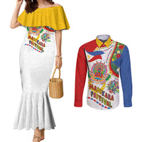 Philippines MassKara Festival Couples Matching Mermaid Dress and Long Sleeve Button Shirt Smile Masks with Hawaiian Art Pattern and Tropical Plants