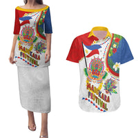 Philippines MassKara Festival Couples Matching Puletasi and Hawaiian Shirt Smile Masks with Hawaiian Art Pattern and Tropical Plants