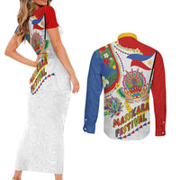 Philippines MassKara Festival Couples Matching Short Sleeve Bodycon Dress and Long Sleeve Button Shirt Smile Masks with Hawaiian Art Pattern and Tropical Plants