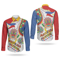 Philippines MassKara Festival Couples Matching Tank Maxi Dress and Long Sleeve Button Shirt Smile Masks with Hawaiian Art Pattern and Tropical Plants LT03 - Polynesian Pride