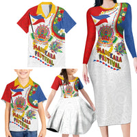 Philippines MassKara Festival Family Matching Long Sleeve Bodycon Dress and Hawaiian Shirt Smile Masks with Hawaiian Art Pattern and Tropical Plants