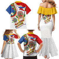 Philippines MassKara Festival Family Matching Mermaid Dress and Hawaiian Shirt Smile Masks with Hawaiian Art Pattern and Tropical Plants