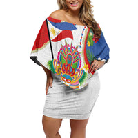 Philippines MassKara Festival Family Matching Off Shoulder Short Dress and Hawaiian Shirt Smile Masks with Hawaiian Art Pattern and Tropical Plants