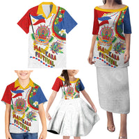 Philippines MassKara Festival Family Matching Puletasi and Hawaiian Shirt Smile Masks with Hawaiian Art Pattern and Tropical Plants