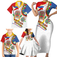 Philippines MassKara Festival Family Matching Short Sleeve Bodycon Dress and Hawaiian Shirt Smile Masks with Hawaiian Art Pattern and Tropical Plants
