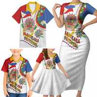 Philippines MassKara Festival Family Matching Short Sleeve Bodycon Dress and Hawaiian Shirt Smile Masks with Hawaiian Art Pattern and Tropical Plants LT03 - Polynesian Pride