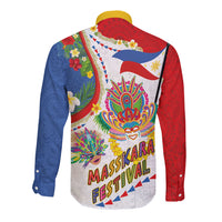 Philippines MassKara Festival Long Sleeve Button Shirt Smile Masks with Hawaiian Art Pattern and Tropical Plants LT03 - Polynesian Pride