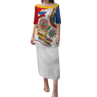 Philippines MassKara Festival Puletasi Smile Masks with Hawaiian Art Pattern and Tropical Plants LT03 Long Dress Multicolor - Polynesian Pride