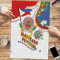 Philippines MassKara Festival Puzzle Smile Masks with Hawaiian Art Pattern and Tropical Plants