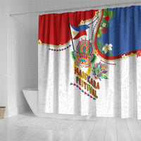 Philippines MassKara Festival Shower Curtain Smile Masks with Hawaiian Art Pattern and Tropical Plants