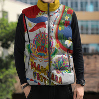 Philippines MassKara Festival Sleeveless Puffer Jacket Smile Masks with Hawaiian Art Pattern and Tropical Plants