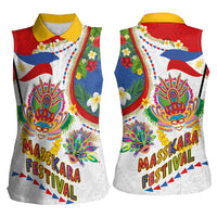 Philippines MassKara Festival Women Sleeveless Polo Shirt Smile Masks with Hawaiian Art Pattern and Tropical Plants