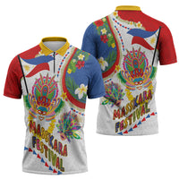 Philippines MassKara Festival Zipper Polo Shirt Smile Masks with Hawaiian Art Pattern and Tropical Plants LT03 - Polynesian Pride