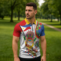 Philippines MassKara Festival Zipper Polo Shirt Smile Masks with Hawaiian Art Pattern and Tropical Plants LT03 - Polynesian Pride