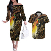 Papua New Guinea and Indonesia Batik Couples Matching Off The Shoulder Long Sleeve Dress and Hawaiian Shirt Bird of Paradise with Tribal Batik Patterns