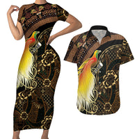 Papua New Guinea and Indonesia Batik Couples Matching Short Sleeve Bodycon Dress and Hawaiian Shirt Bird of Paradise with Tribal Batik Patterns