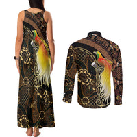 Papua New Guinea and Indonesia Batik Couples Matching Tank Maxi Dress and Long Sleeve Button Shirt Bird of Paradise with Tribal Batik Patterns
