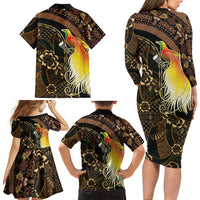Papua New Guinea and Indonesia Batik Family Matching Long Sleeve Bodycon Dress and Hawaiian Shirt Bird of Paradise with Tribal Batik Patterns LT03 Mom's Dress Multicolor - Polynesian Pride
